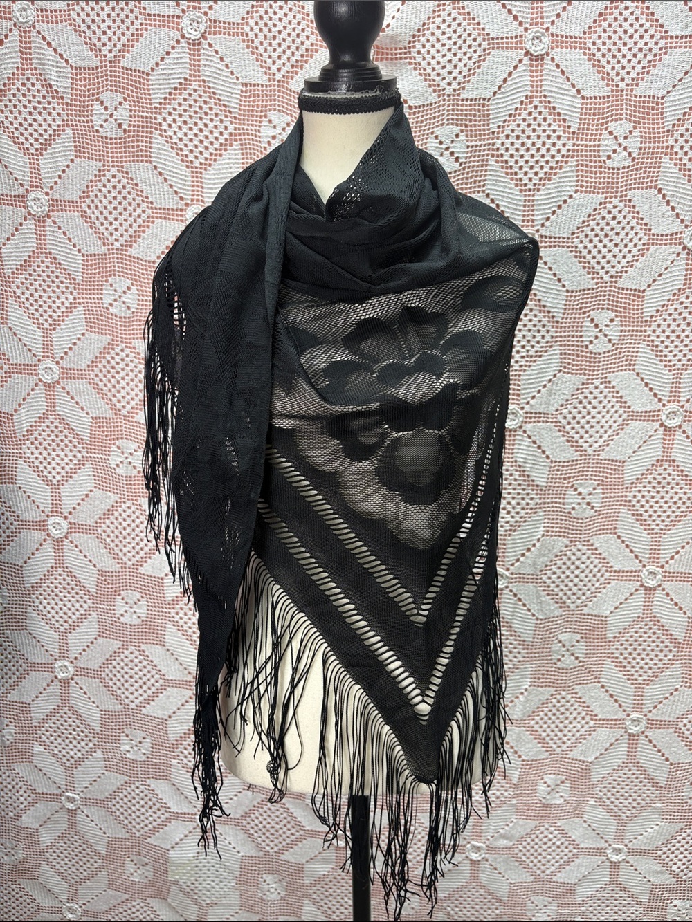 Black Floral Lace Fringe Shawl